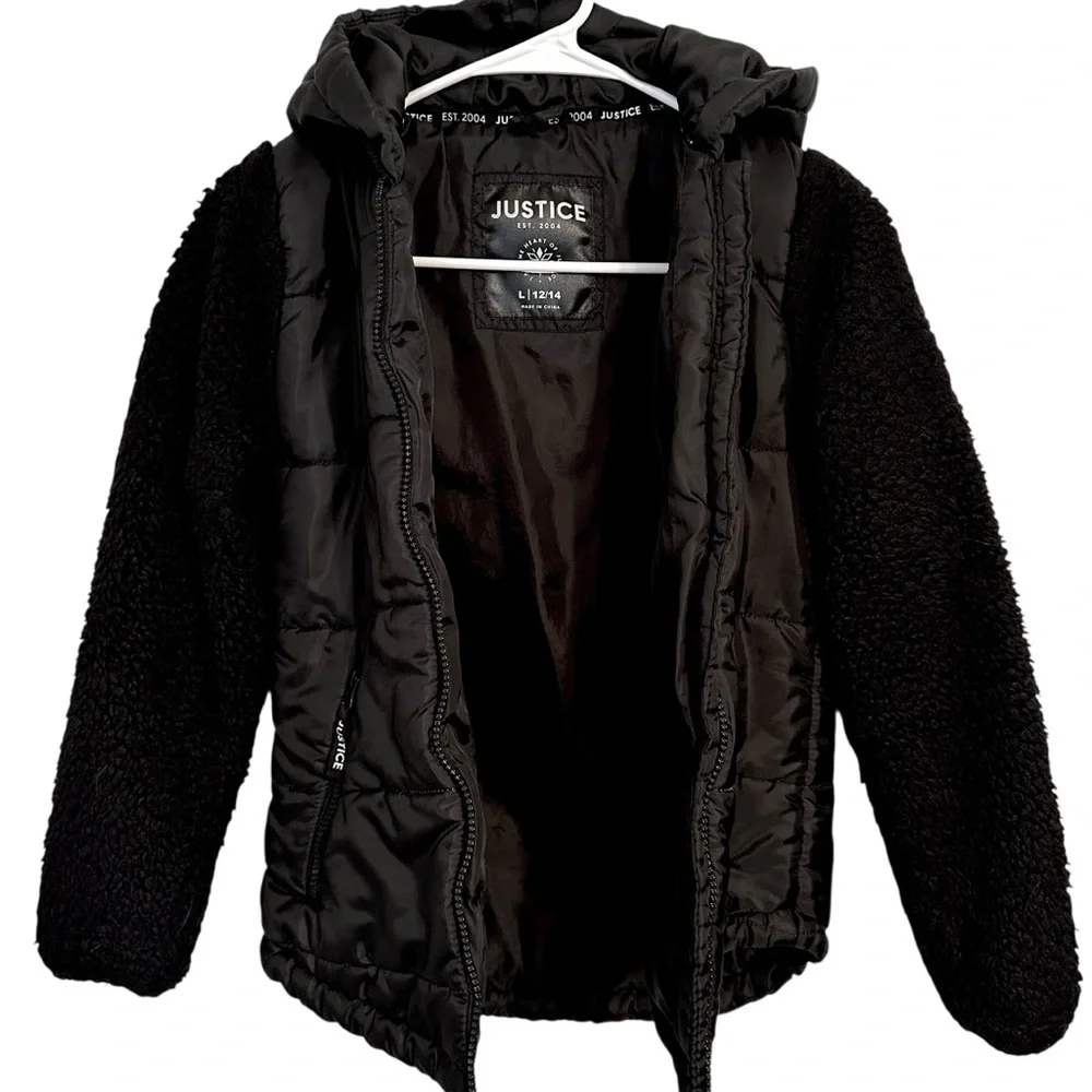 🔥HOST PICK 🔥 Justice Girls Black Puffer Sherpa Jacket Coat L 12/14